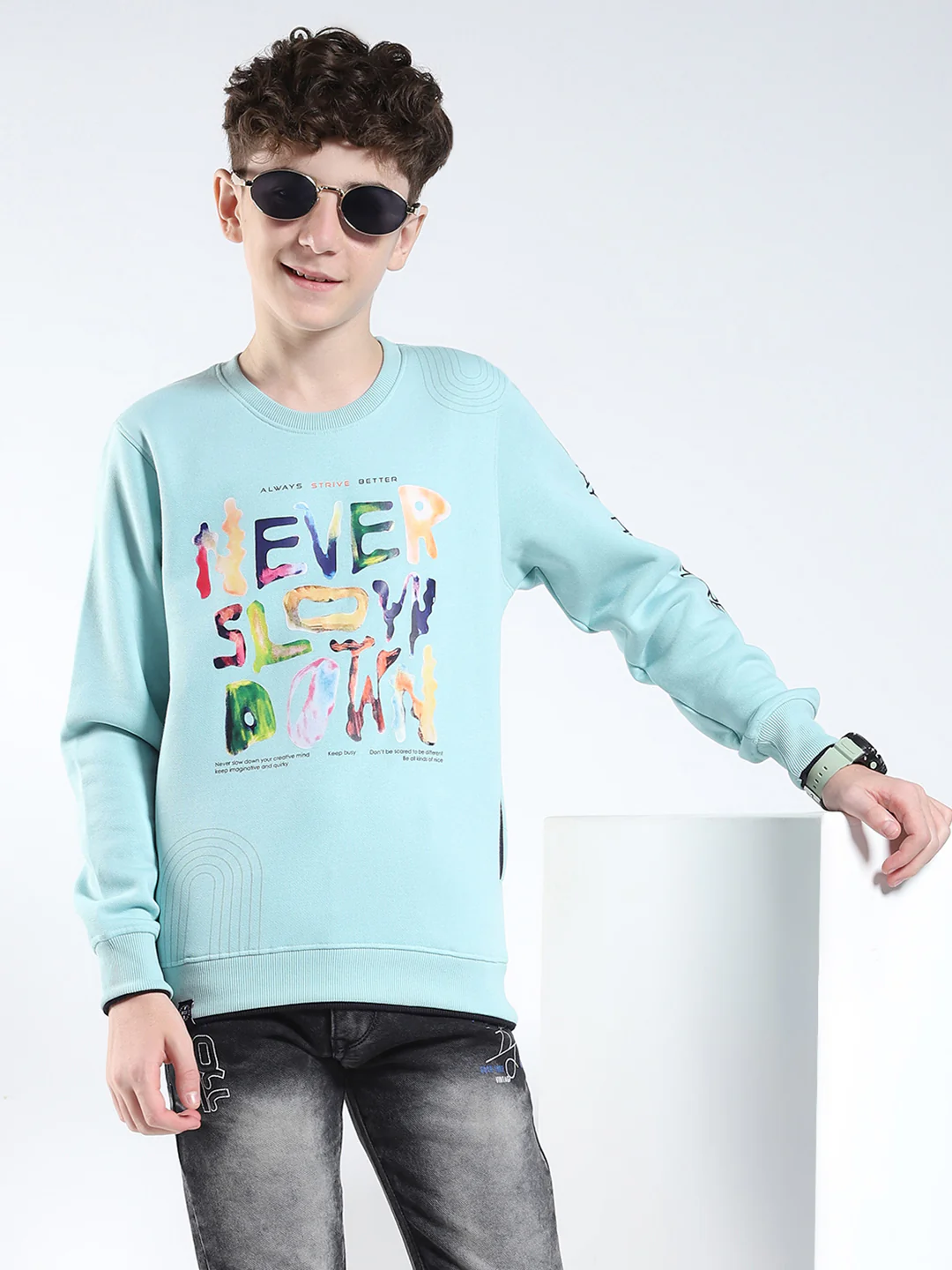 Boys Green Printed Round Neck Full Sleeve Sweatshirt - Image 6