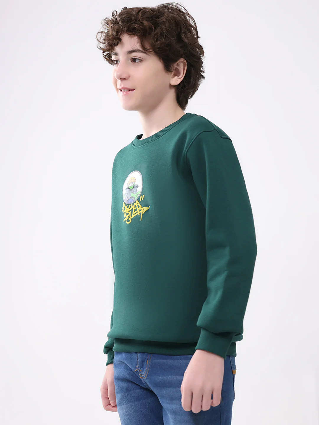 Boys Green Printed Round Neck Full Sleeve Sweatshirt - Image 3