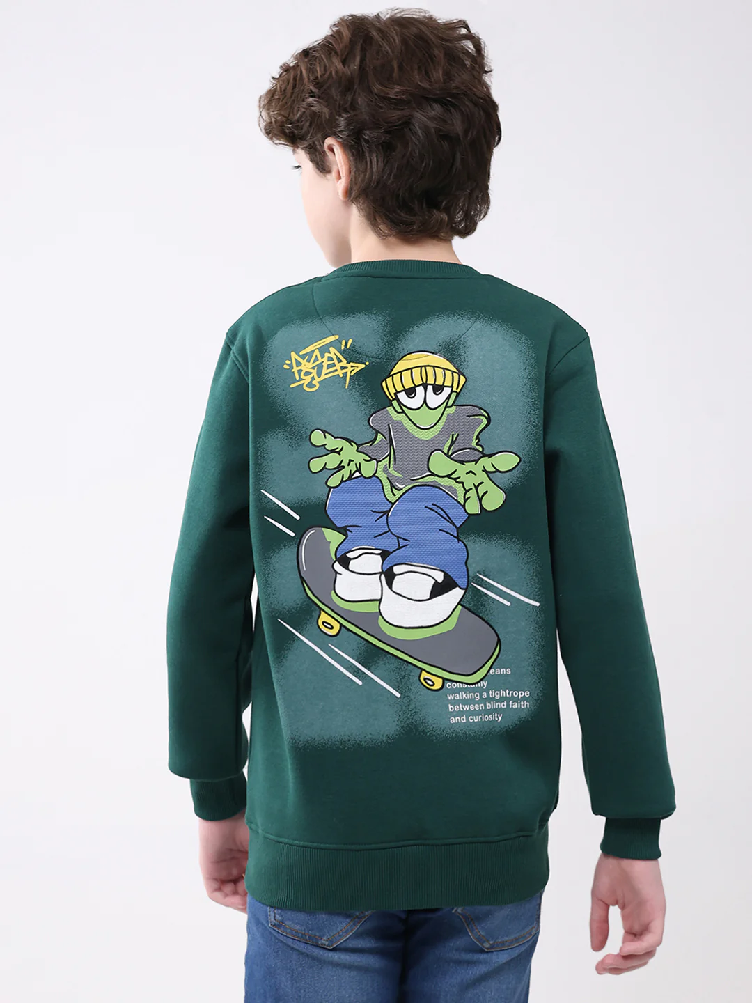 Boys Green Printed Round Neck Full Sleeve Sweatshirt - Image 5