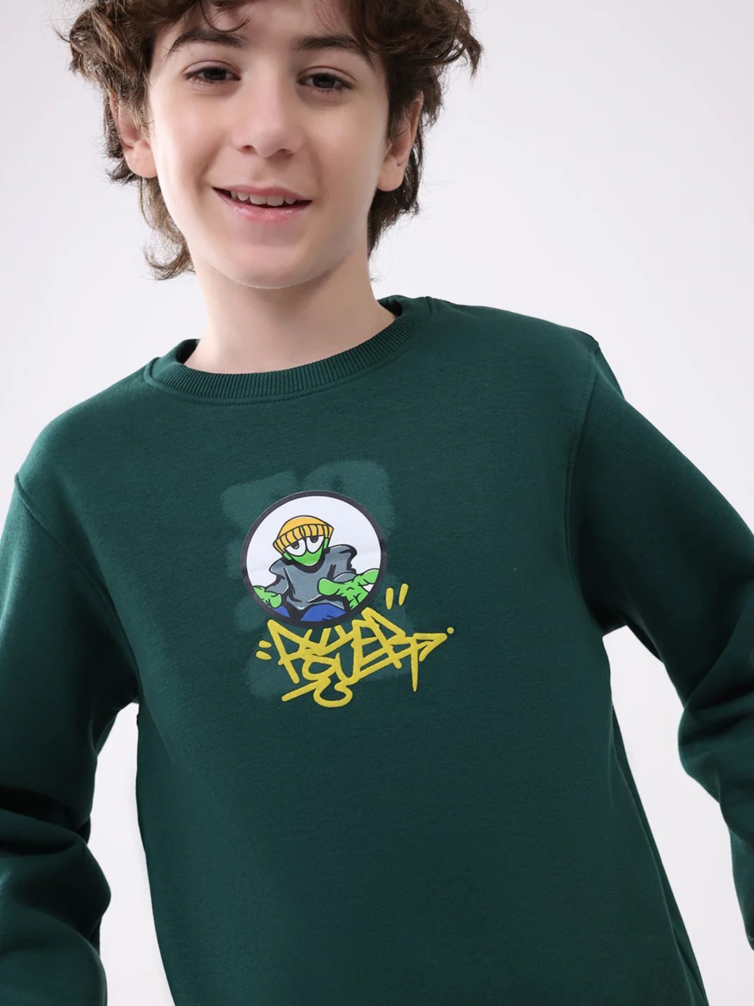 Boys Green Printed Round Neck Full Sleeve Sweatshirt - Image 6