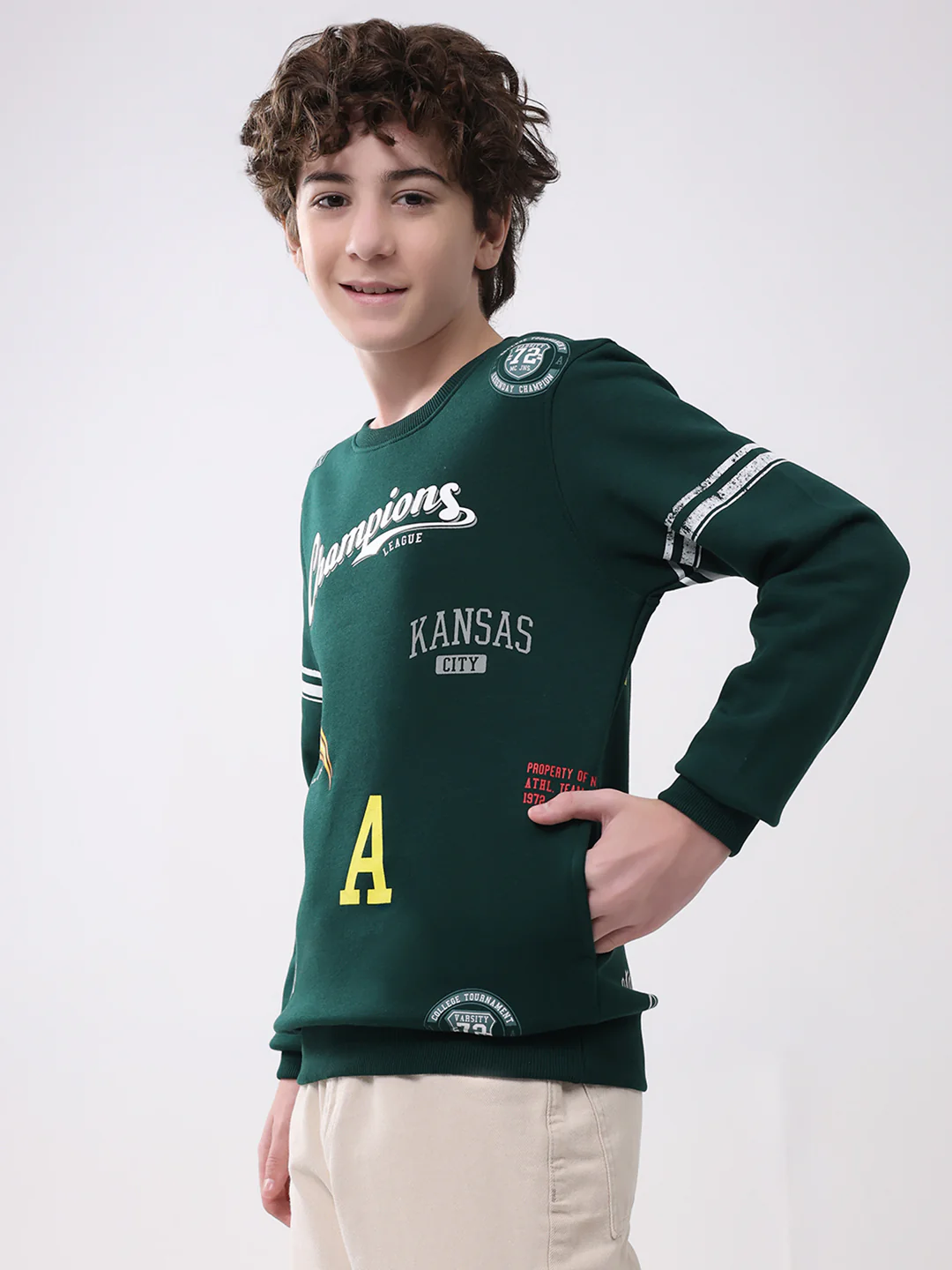 Boys Green Printed Round Neck Full Sleeve Sweatshirt - Image 3