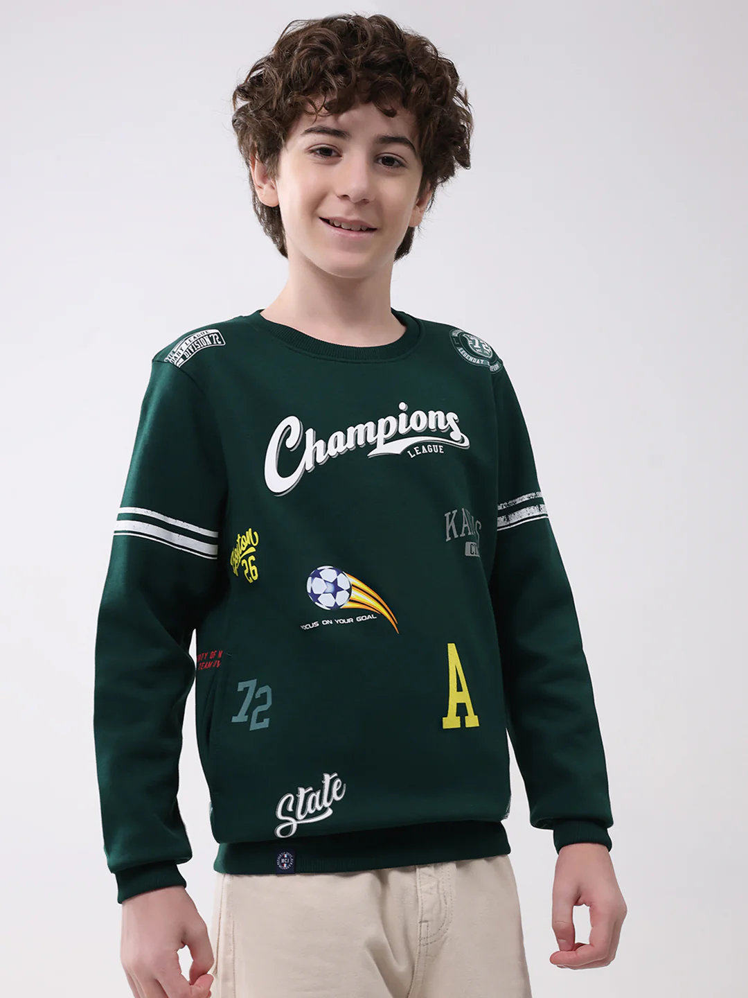 Boys Green Printed Round Neck Full Sleeve Sweatshirt - Image 4