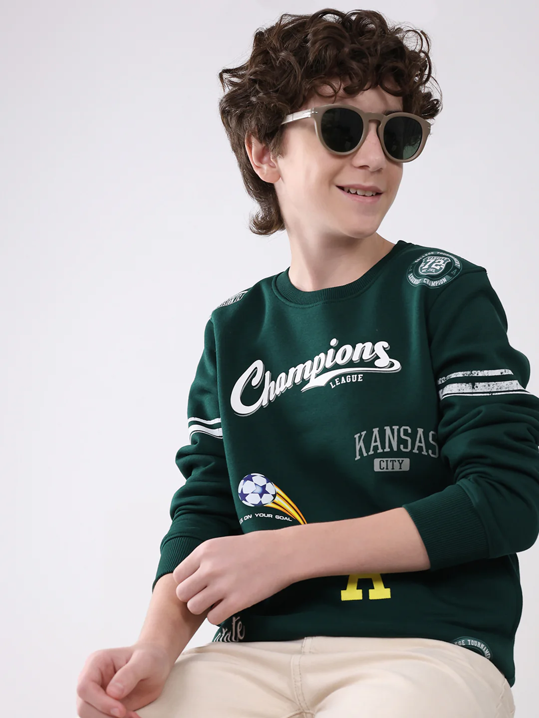 Boys Green Printed Round Neck Full Sleeve Sweatshirt - Image 6