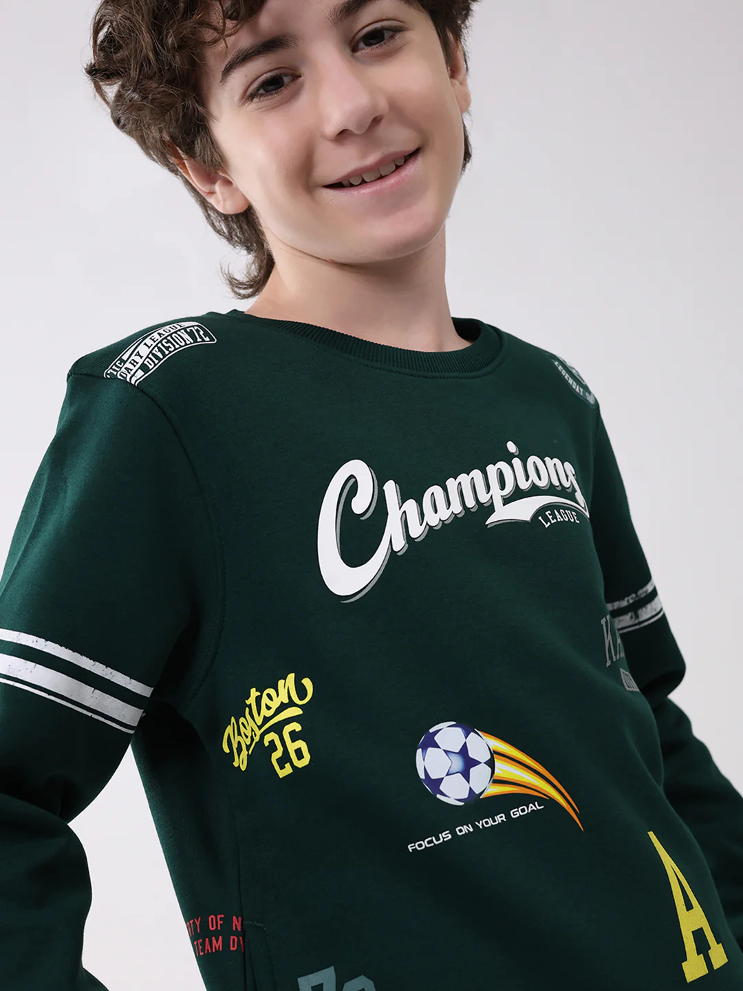 Boys Green Printed Round Neck Full Sleeve Sweatshirt - Image 7