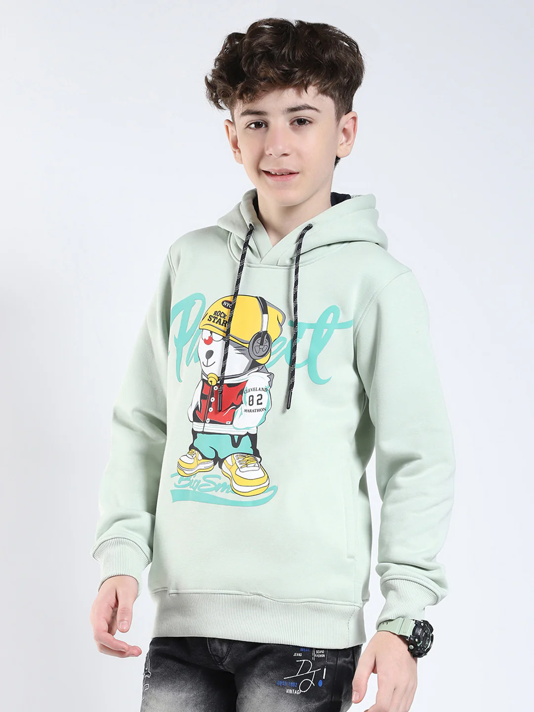 Boys Green Printed Round Neck Full Sleeve Sweatshirt - Image 3