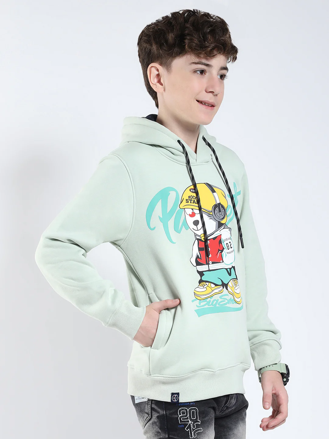 Boys Green Printed Round Neck Full Sleeve Sweatshirt - Image 4