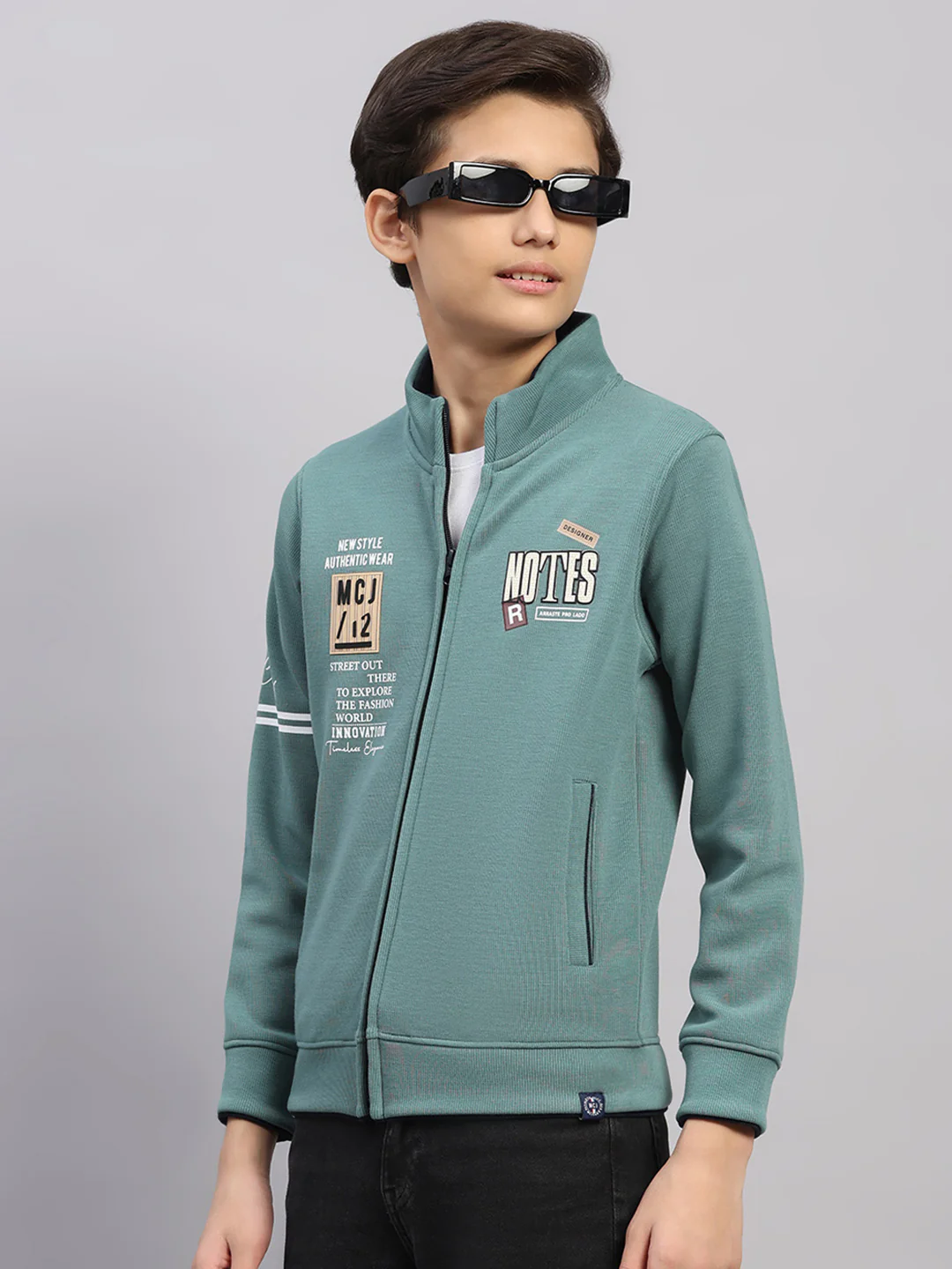 Boys Green Printed Round Neck Full Sleeve Sweatshirt - Image 3