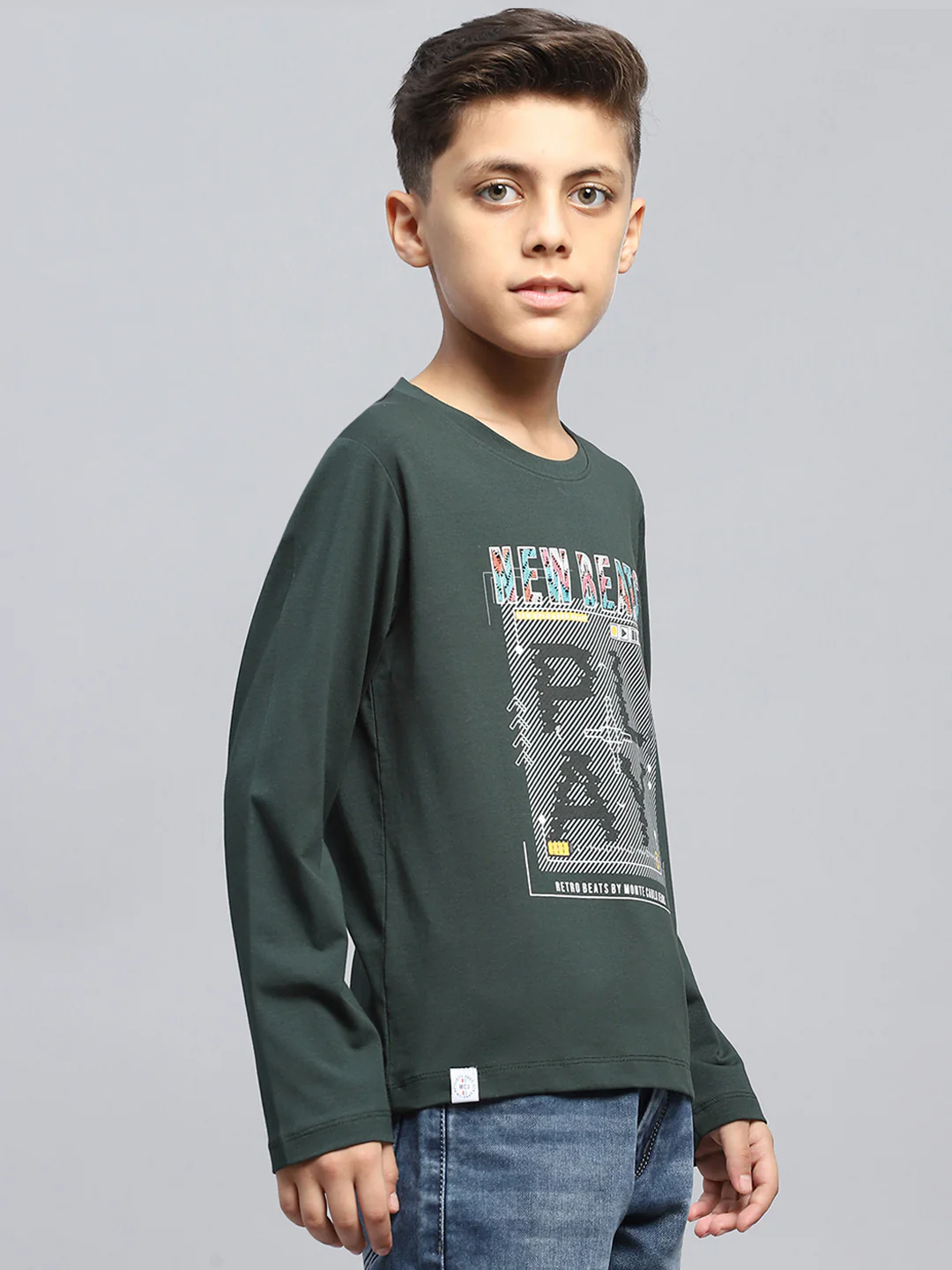 Boys Green Printed Round Neck Full Sleeve T-Shirt - Image 4