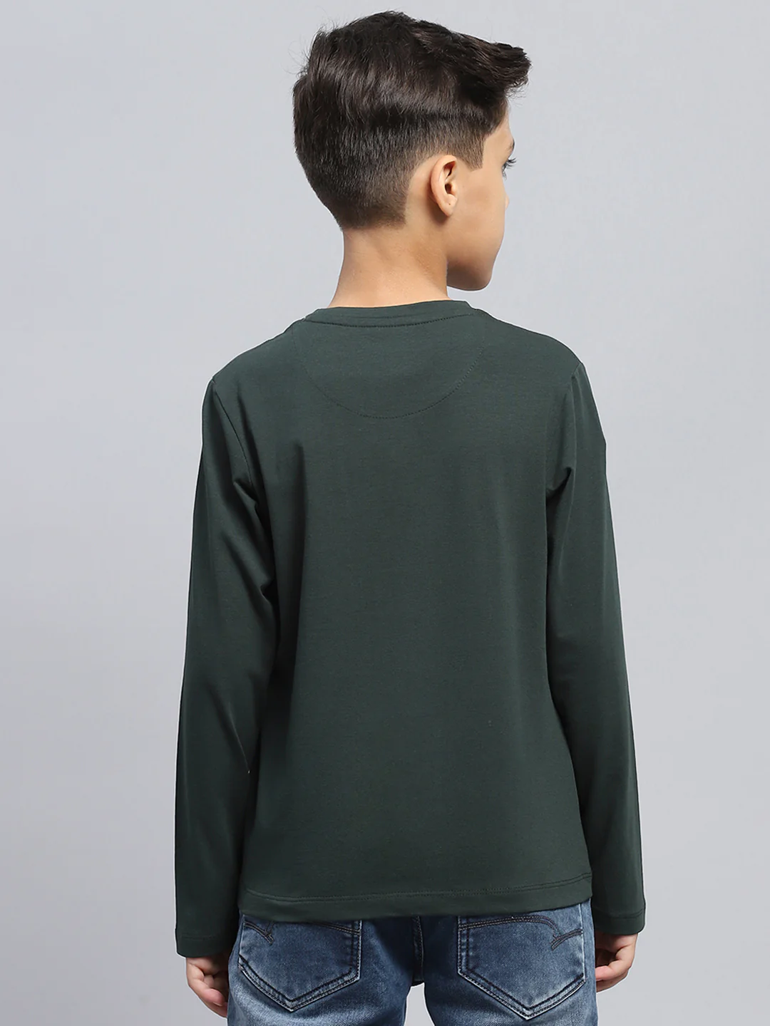 Boys Green Printed Round Neck Full Sleeve T-Shirt - Image 5