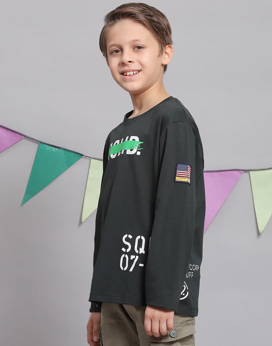 Boys Green Printed Round Neck Full Sleeve T-Shirts - Image 3