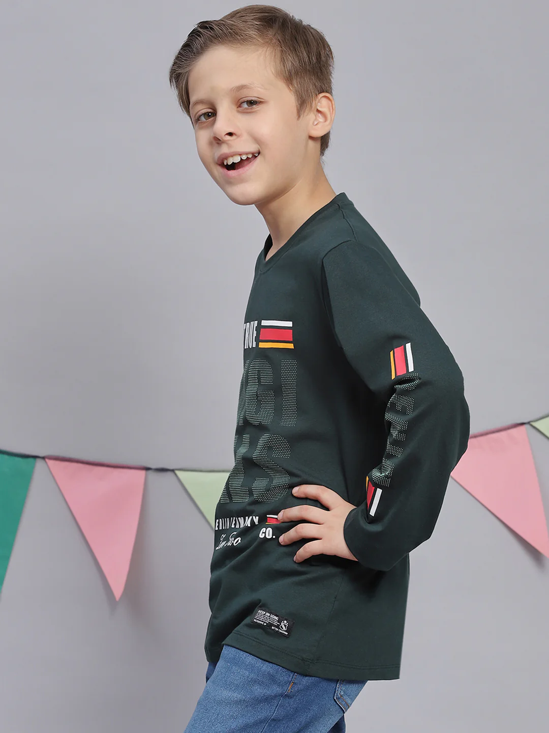 Boys Green Printed Round Neck Full Sleeve T-Shirts - Image 3