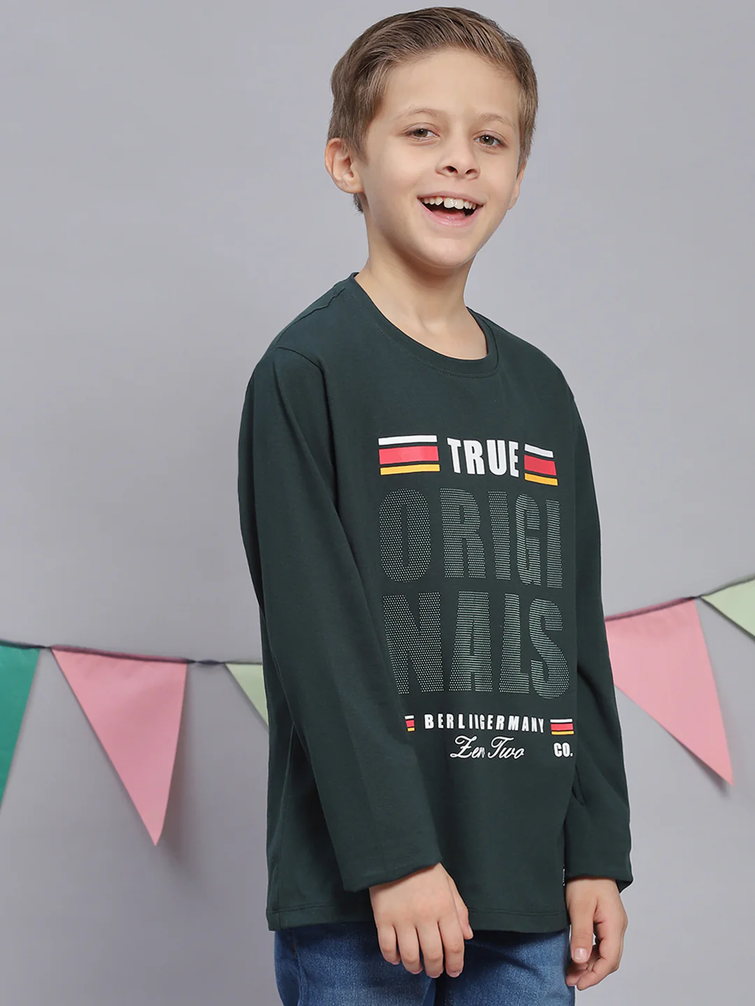 Boys Green Printed Round Neck Full Sleeve T-Shirts - Image 4