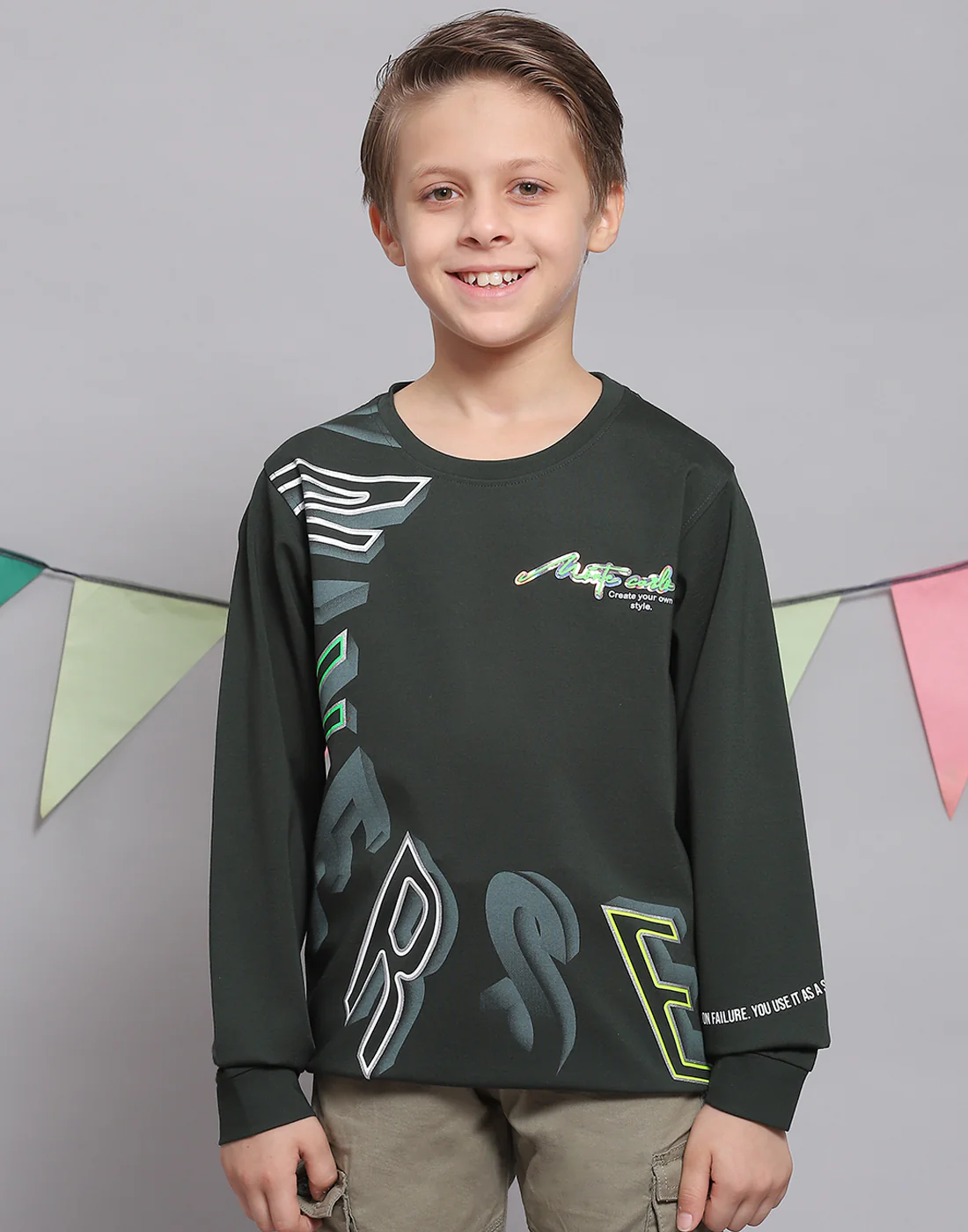 Boys Green Printed Round Neck Full Sleeve T-Shirts - Image 2