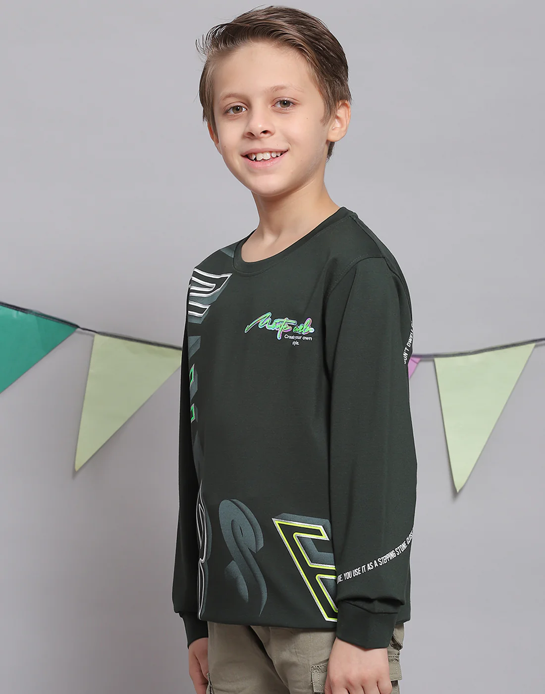 Boys Green Printed Round Neck Full Sleeve T-Shirts - Image 3