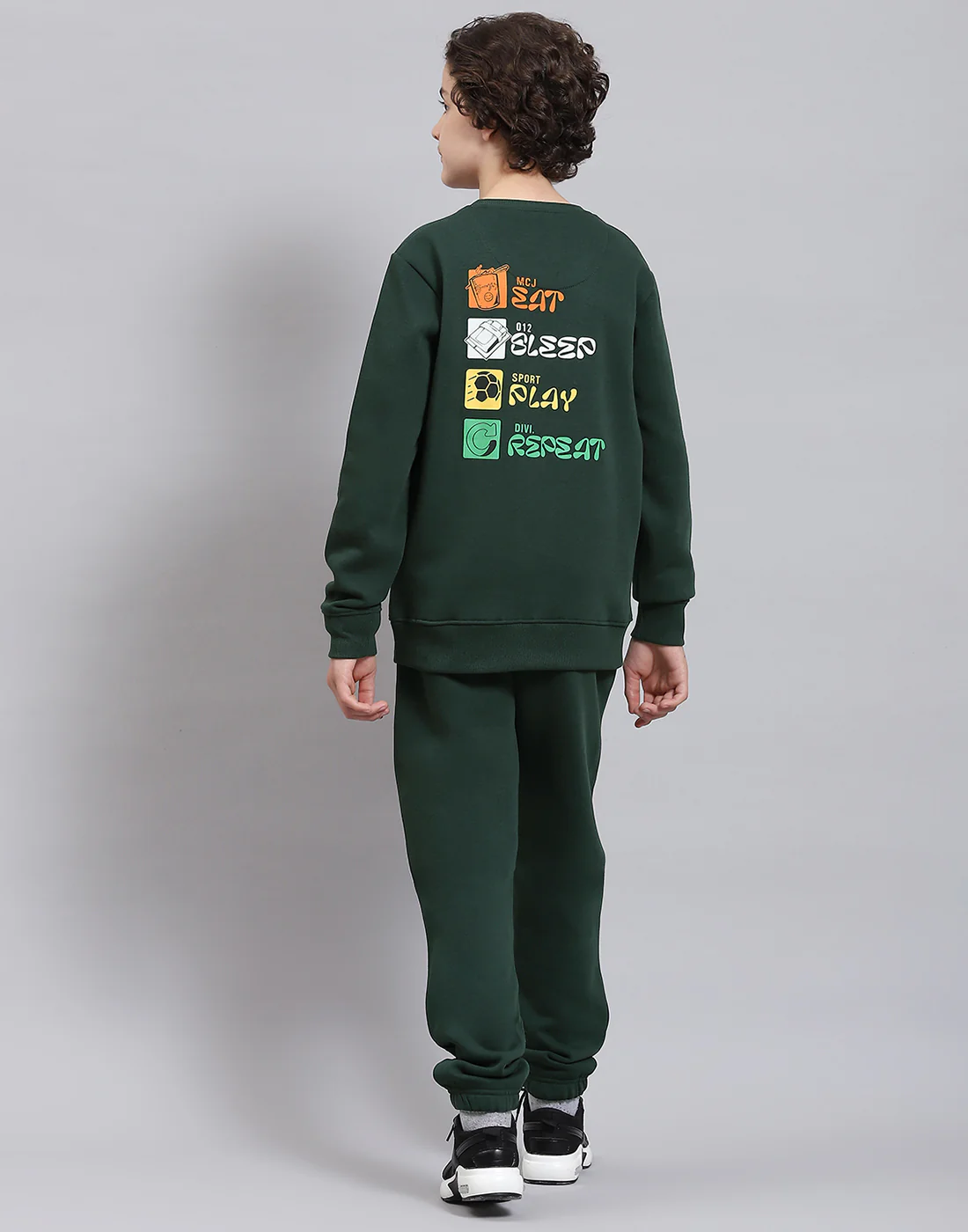 Boys Green Printed Round Neck Full Sleeve Tracksuits - Image 5