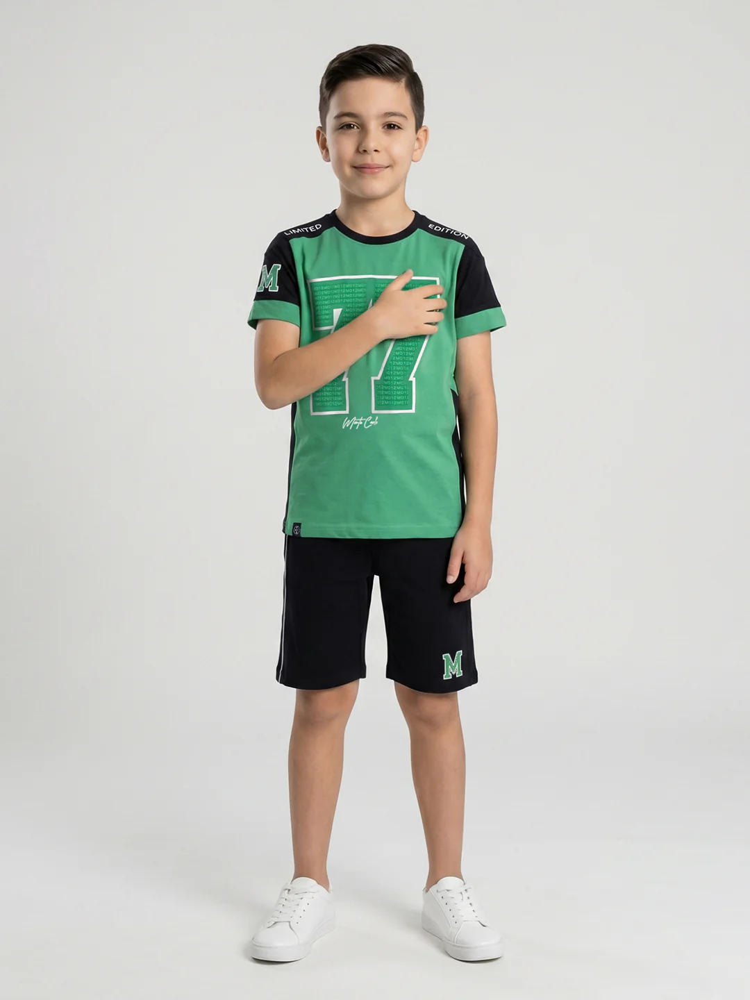 Boys Green Printed Round Neck Half Sleeve Bermuda Set