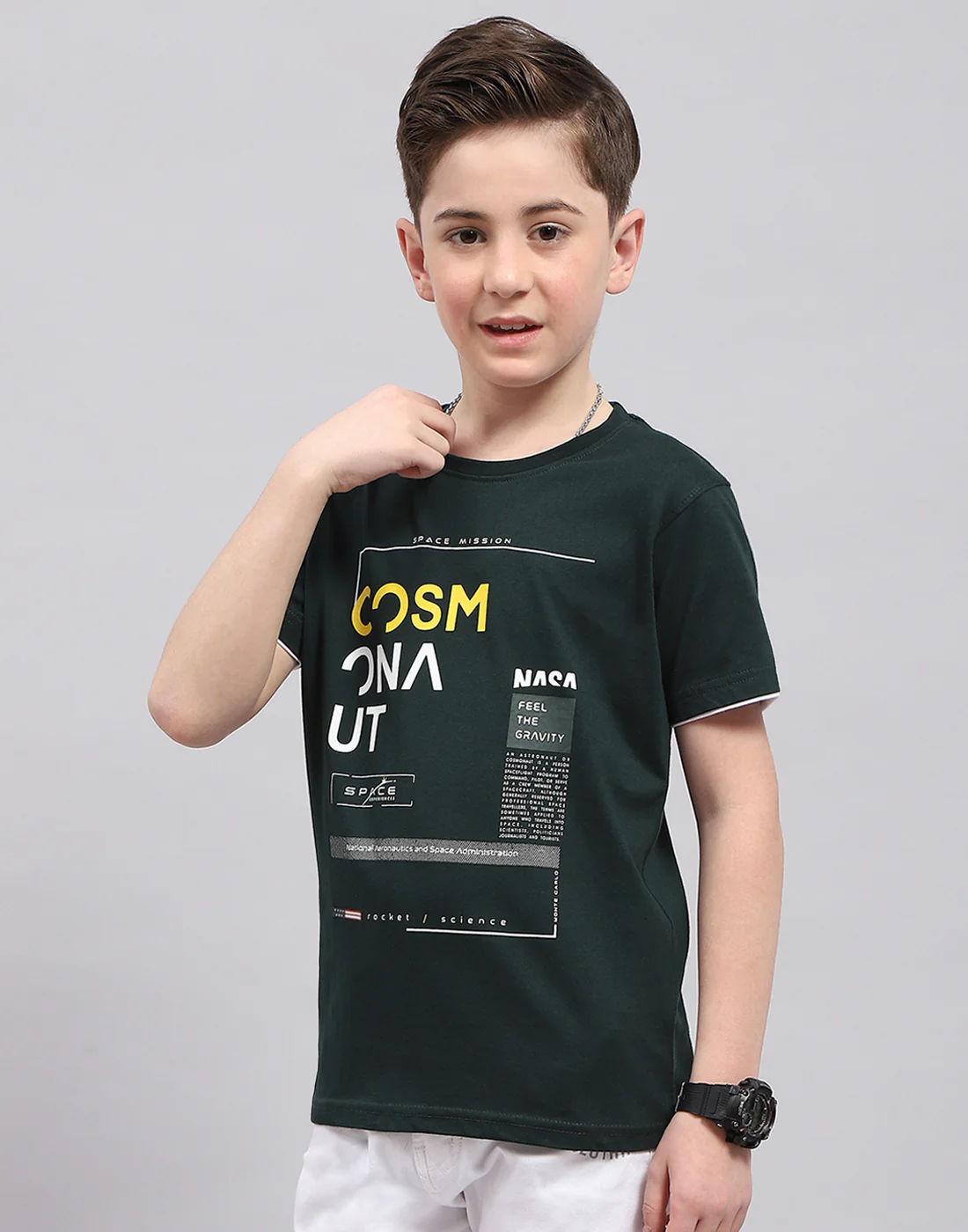 Boys Green Printed Round Neck Half Sleeve T-Shirt - Image 3