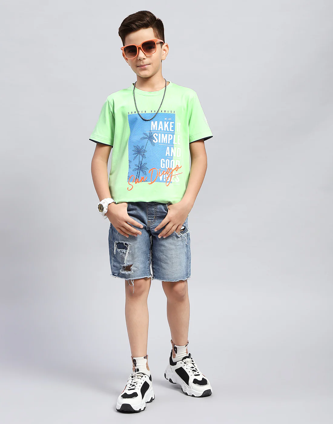 Boys Green Printed Round Neck Half Sleeve T-Shirt - Image 2