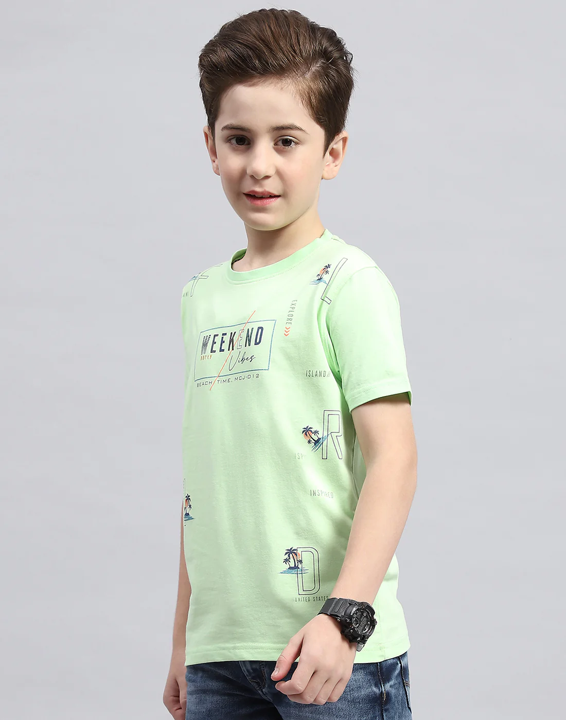 Boys Green Printed Round Neck Half Sleeve T-Shirt - Image 3
