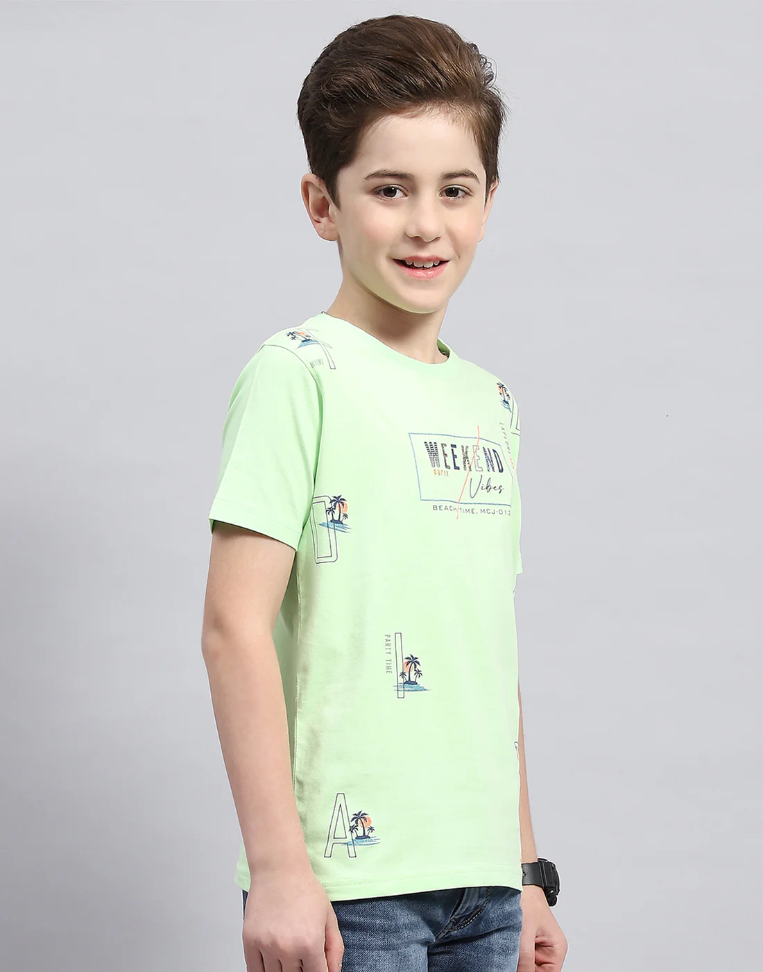Boys Green Printed Round Neck Half Sleeve T-Shirt - Image 4