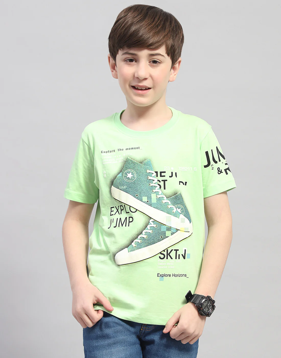 Boys Green Printed Round Neck Half Sleeve T-Shirt - Image 2