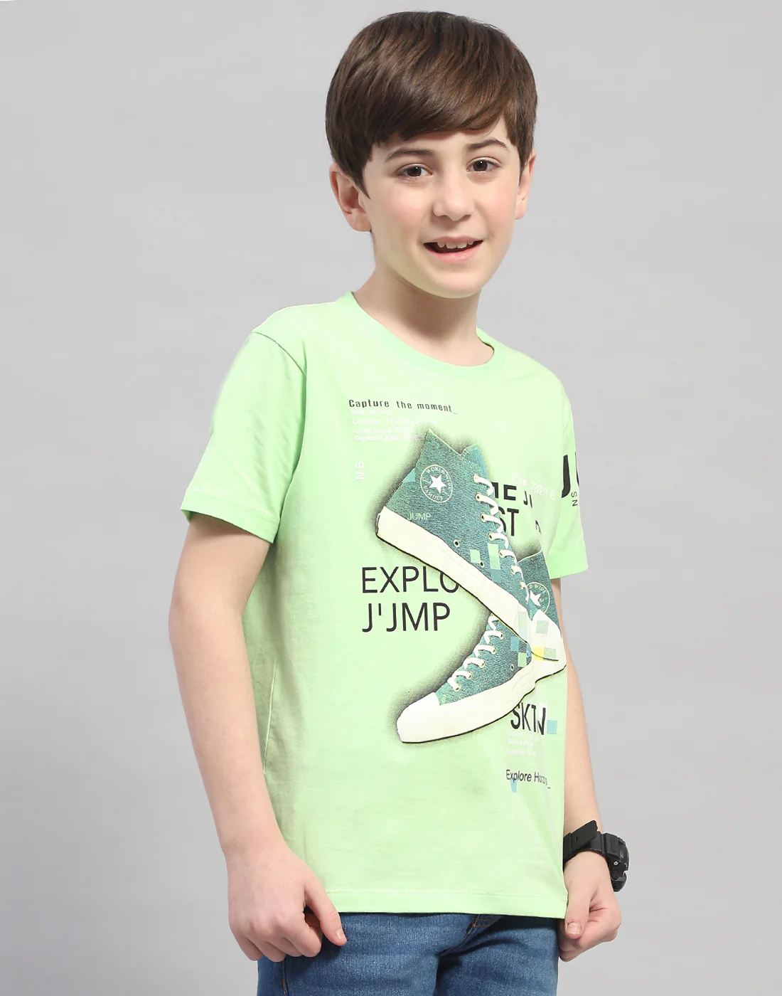 Boys Green Printed Round Neck Half Sleeve T-Shirt - Image 4