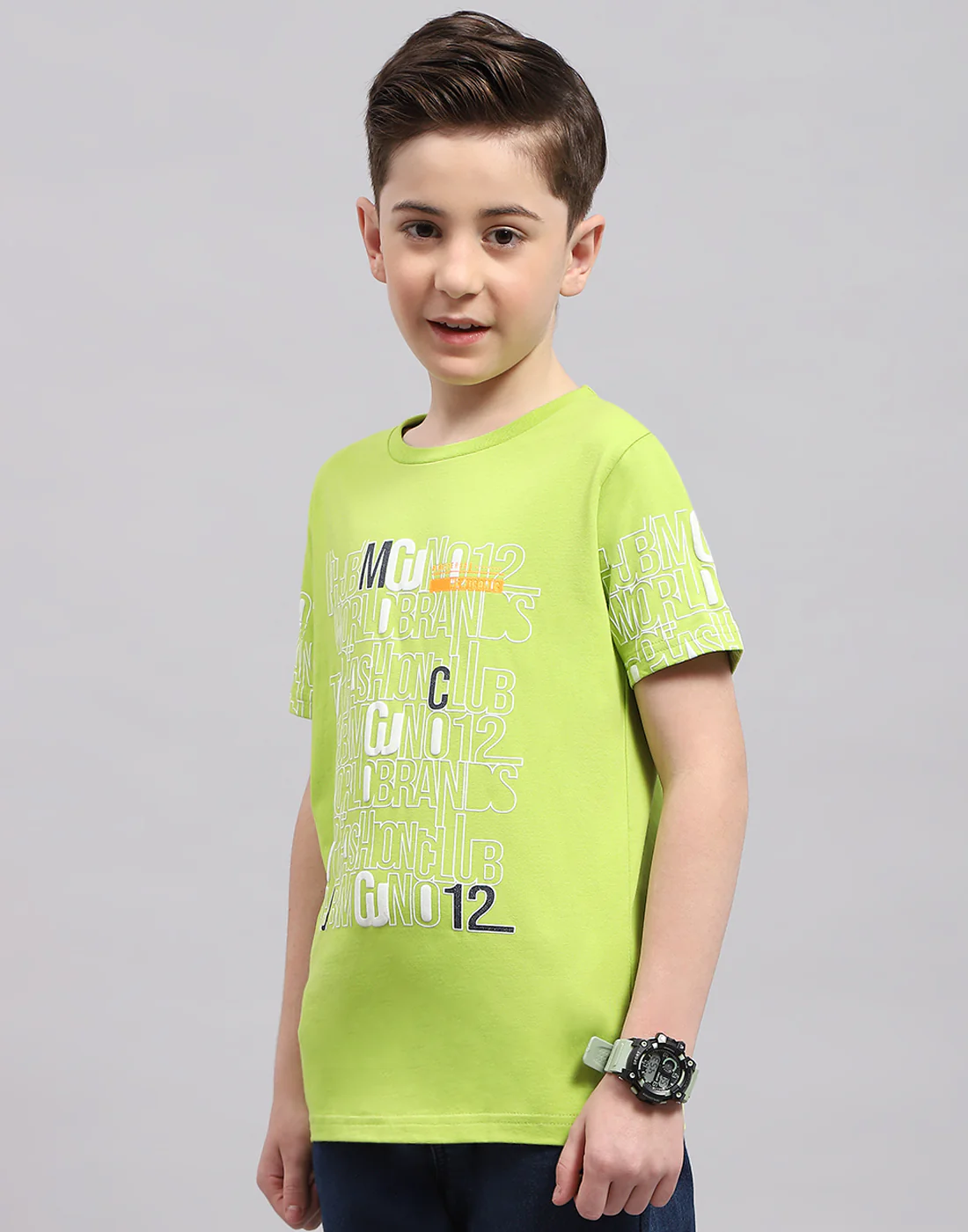 Boys Green Printed Round Neck Half Sleeve T-Shirt - Image 3