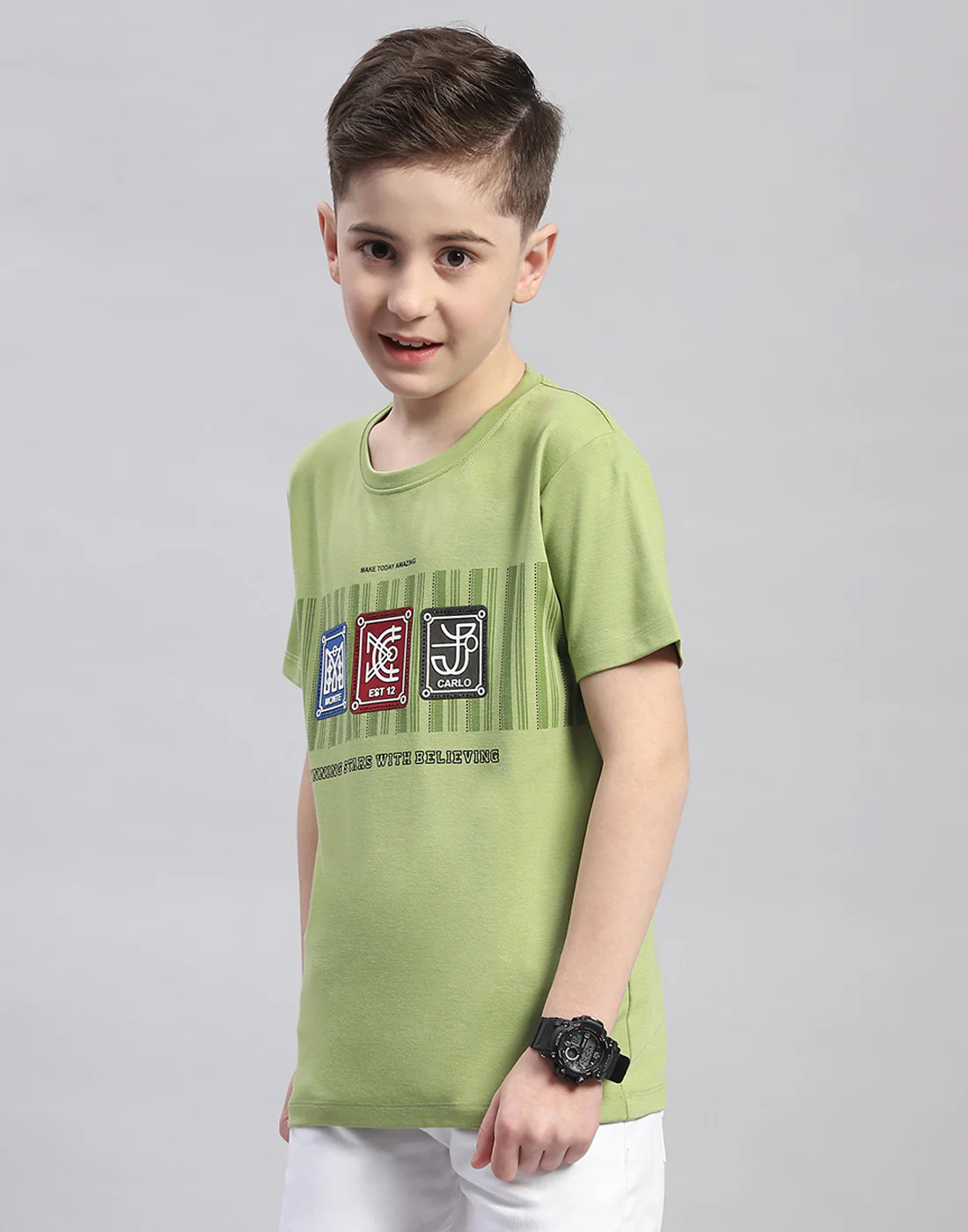 Boys Green Printed Round Neck Half Sleeve T-Shirt - Image 3
