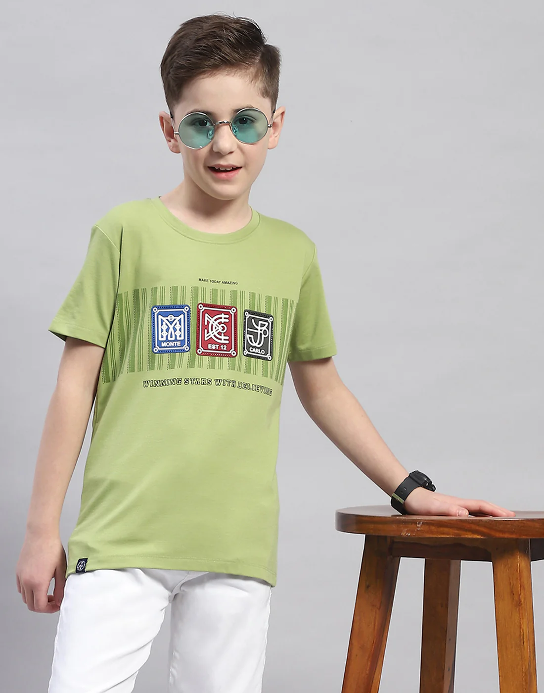 Boys Green Printed Round Neck Half Sleeve T-Shirt - Image 6