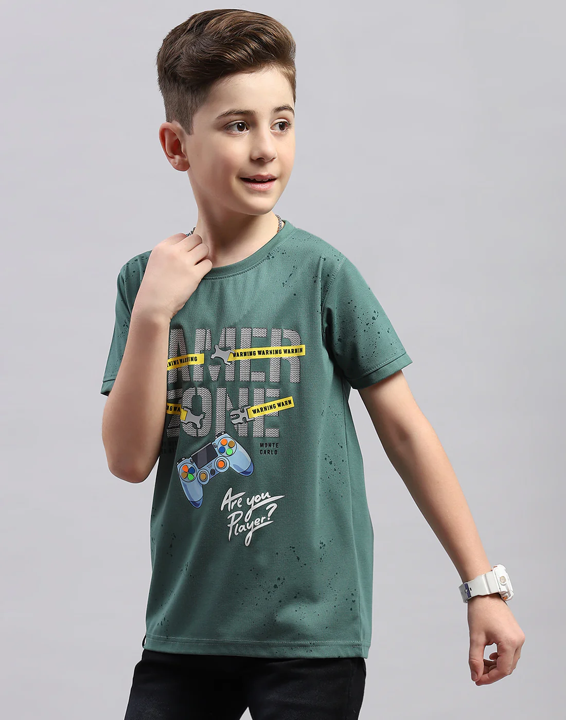 Boys Green Printed Round Neck Half Sleeve T-Shirt - Image 3