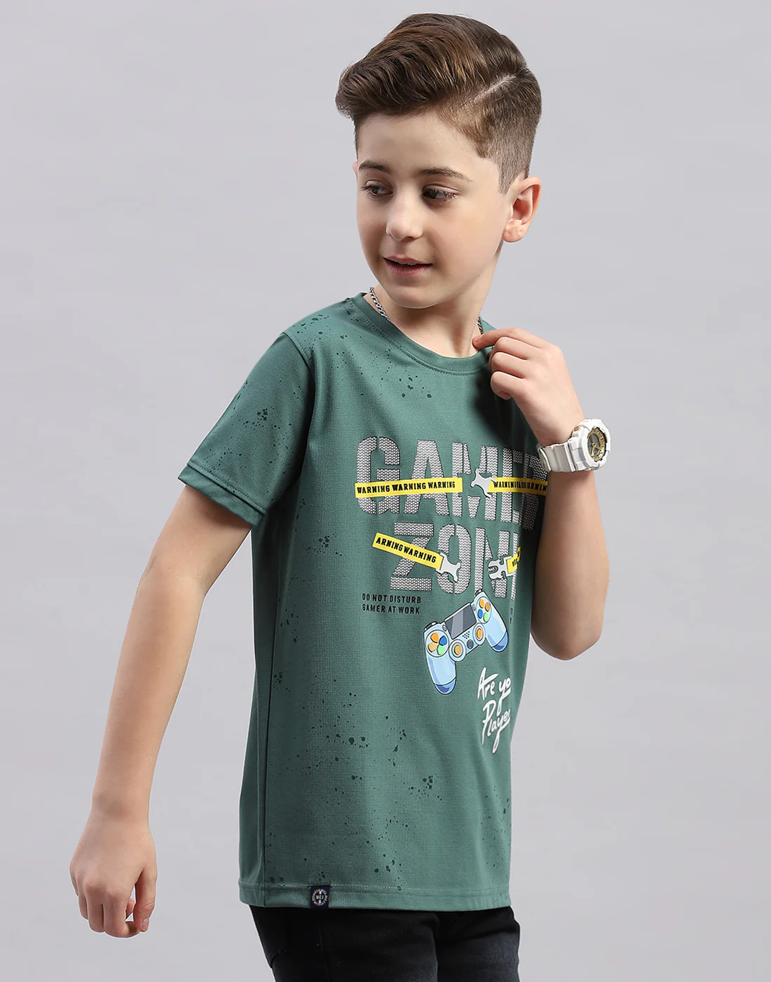 Boys Green Printed Round Neck Half Sleeve T-Shirt - Image 4