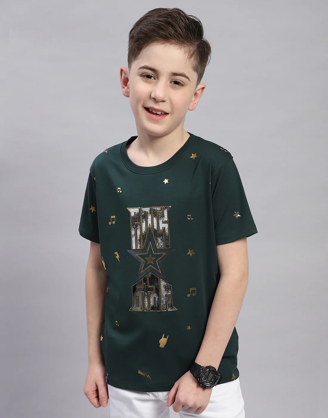 Boys Green Printed Round Neck Half Sleeve T-Shirt - Image 2