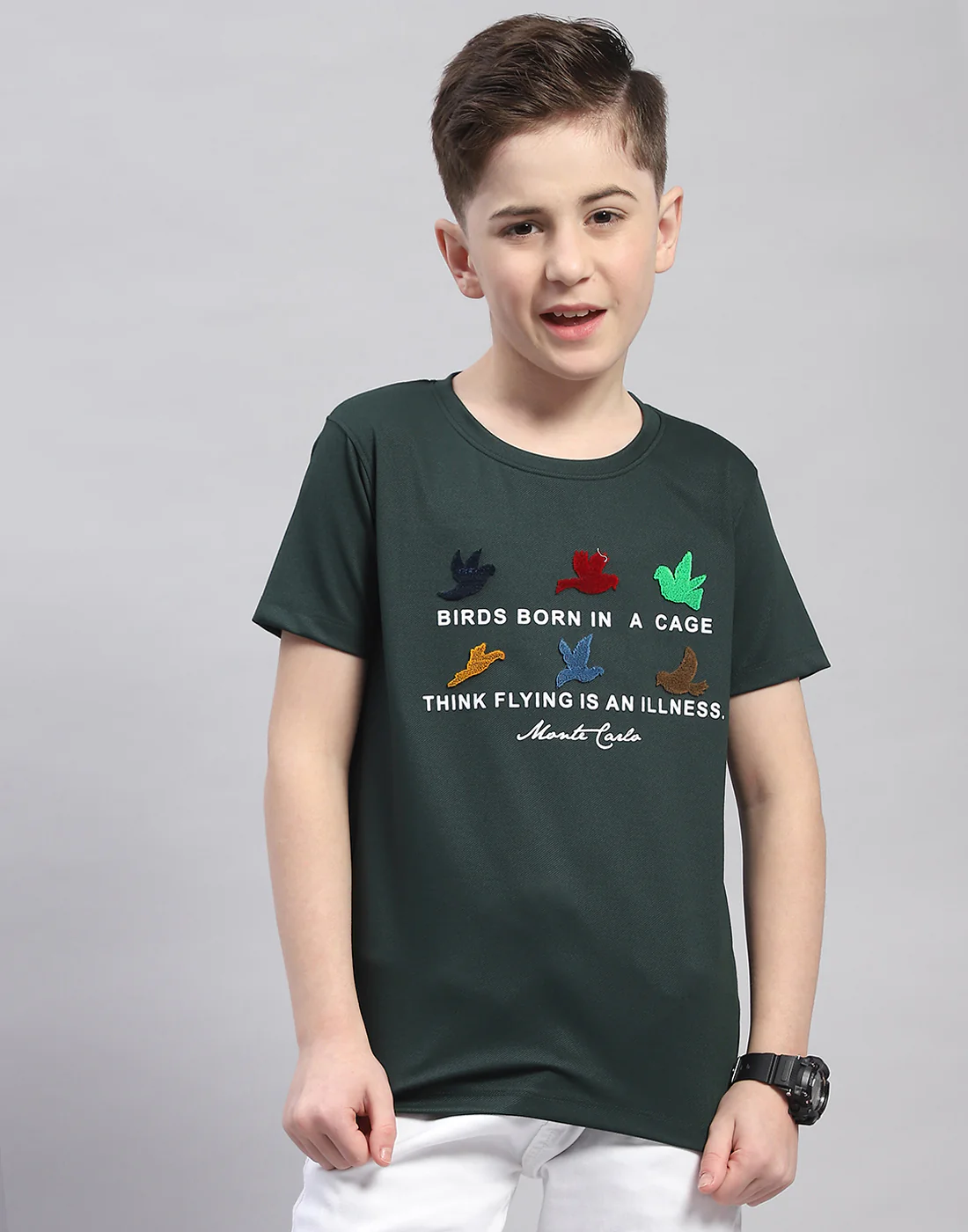 Boys Green Printed Round Neck Half Sleeve T-Shirt - Image 2