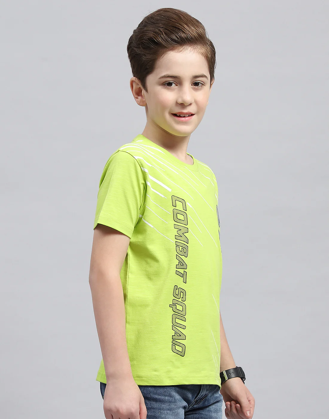 Boys Green Printed Round Neck Half Sleeve T-Shirt - Image 4