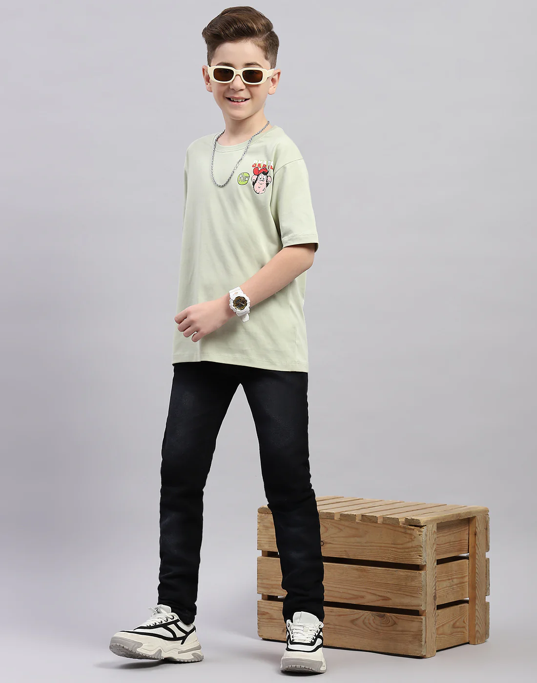 Boys Green Printed Round Neck Half Sleeve T-Shirt - Image 3