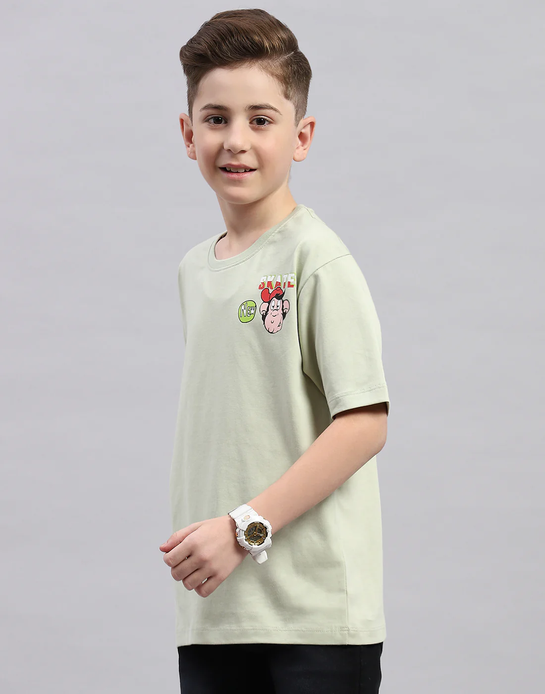 Boys Green Printed Round Neck Half Sleeve T-Shirt - Image 4