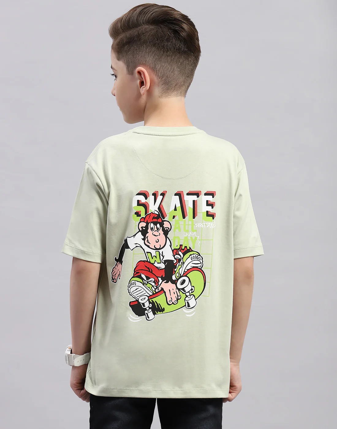 Boys Green Printed Round Neck Half Sleeve T-Shirt - Image 6