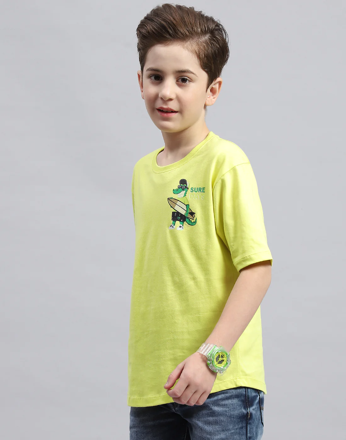 Boys Green Printed Round Neck Half Sleeve T-Shirt - Image 3