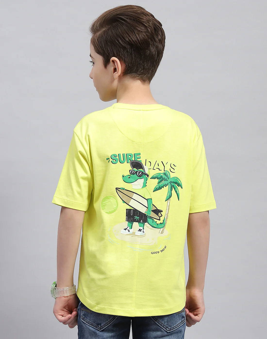 Boys Green Printed Round Neck Half Sleeve T-Shirt - Image 5