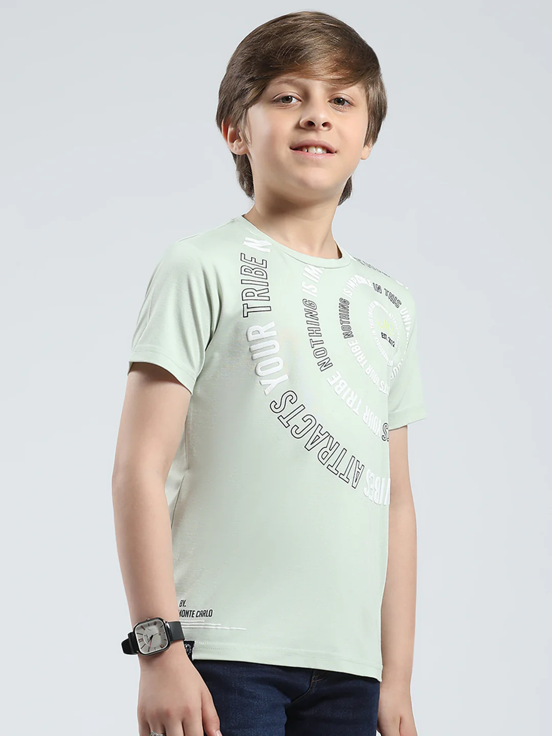 Boys Green Printed Round Neck Half Sleeve T-Shirt - Image 4