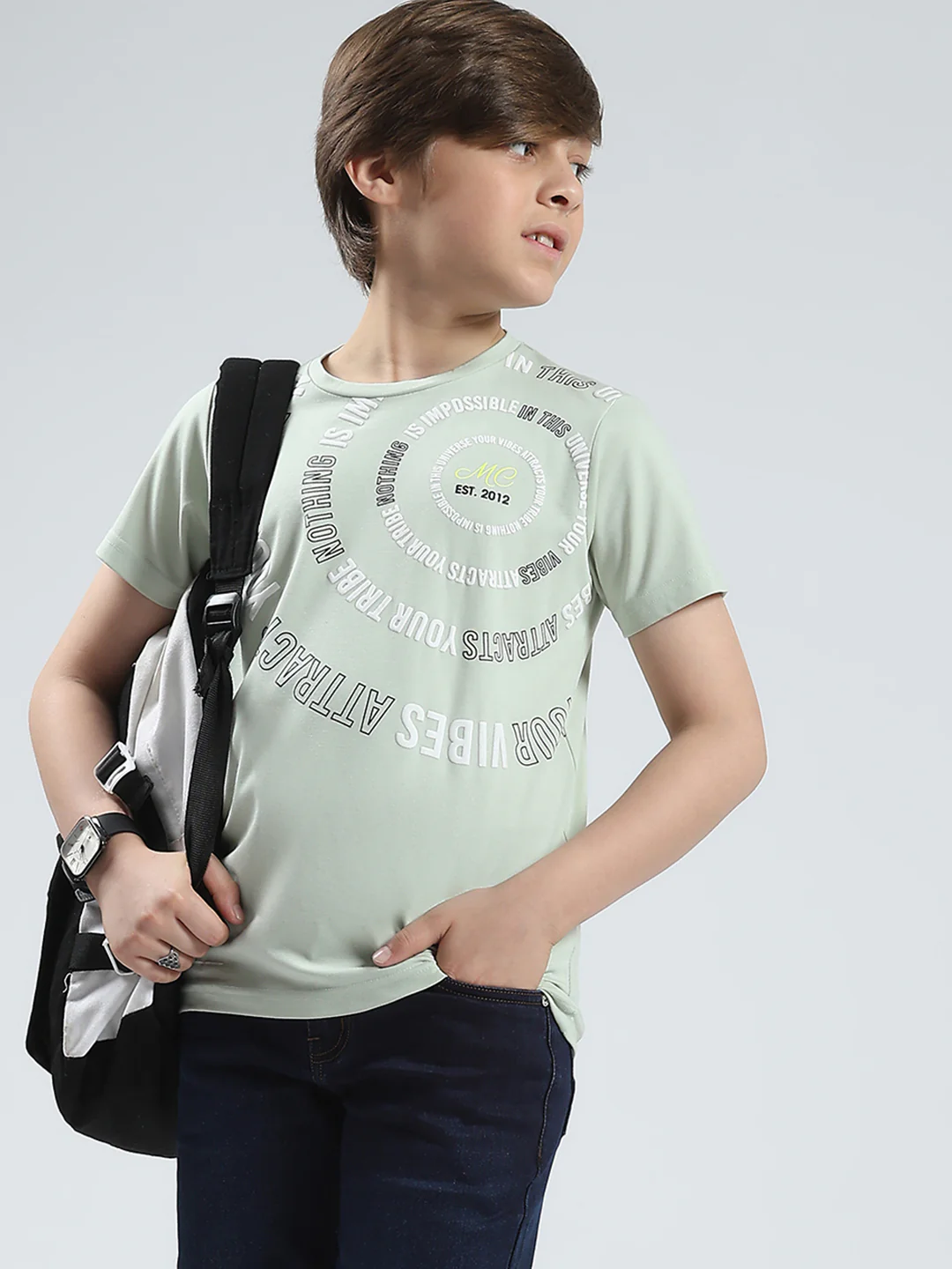 Boys Green Printed Round Neck Half Sleeve T-Shirt - Image 6