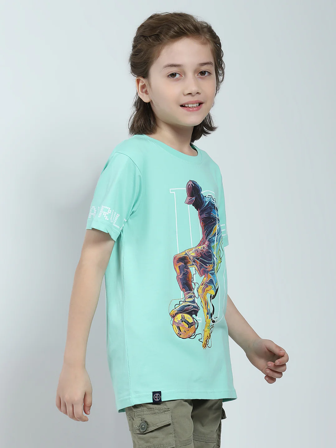 Boys Green Printed Round Neck Half Sleeve T-Shirt - Image 4