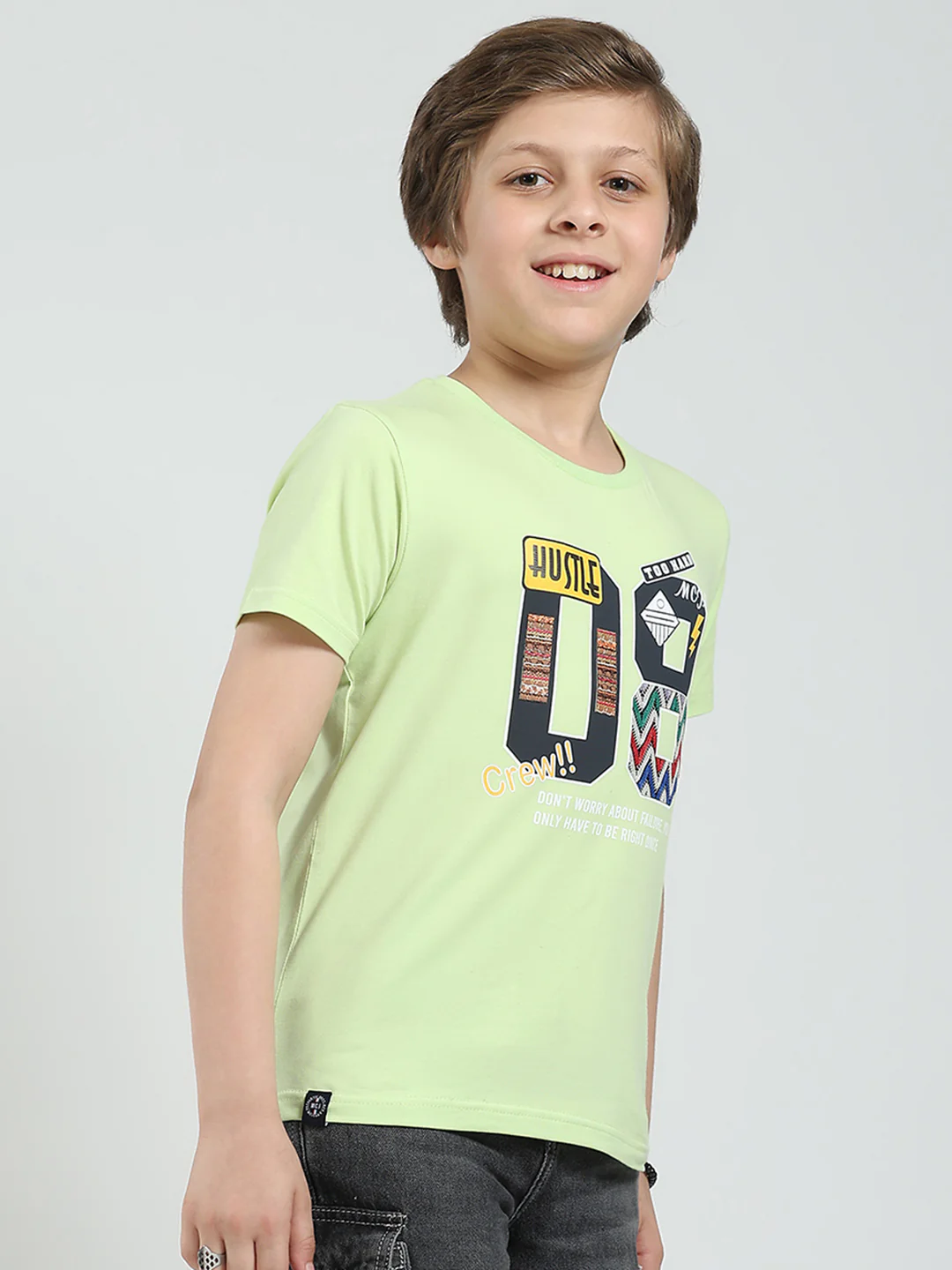 Boys Green Printed Round Neck Half Sleeve T-Shirt - Image 4