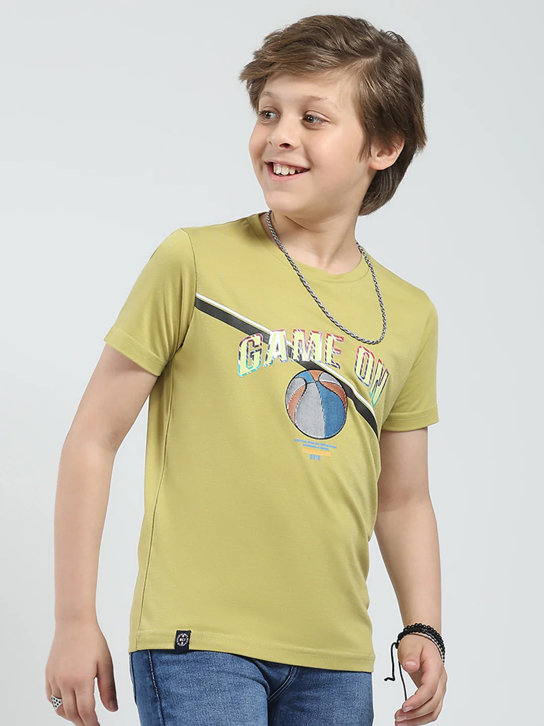 Boys Green Printed Round Neck Half Sleeve T-Shirt - Image 4