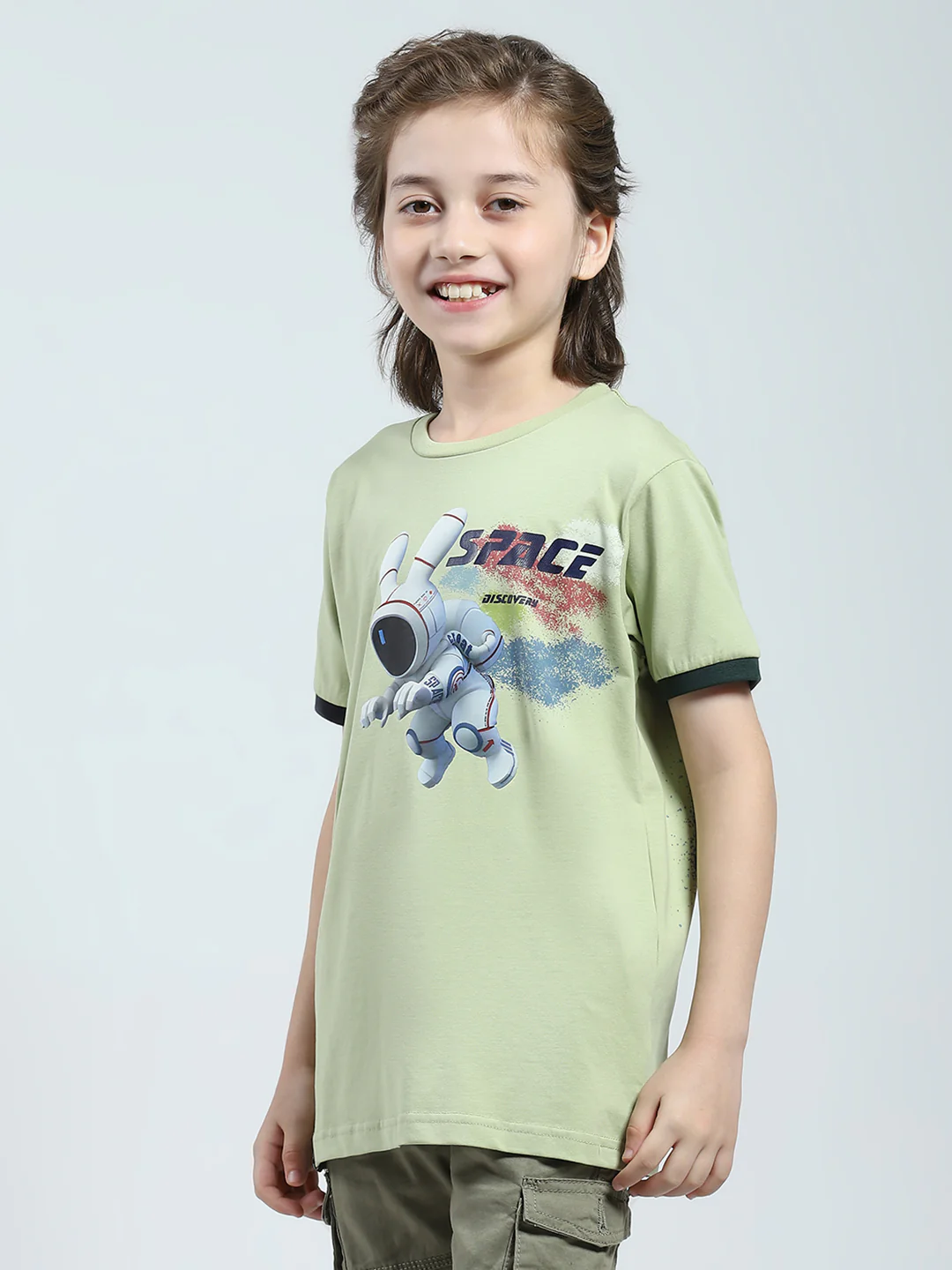 Boys Green Printed Round Neck Half Sleeve T-Shirt - Image 3