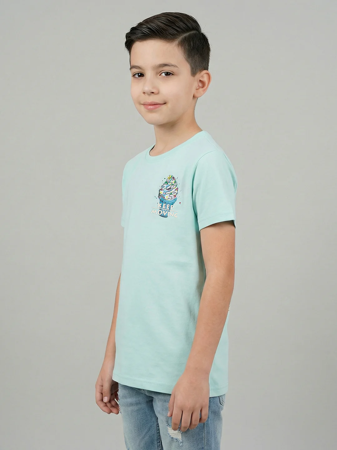 Boys Green Printed Round Neck Half Sleeve T-Shirt - Image 2