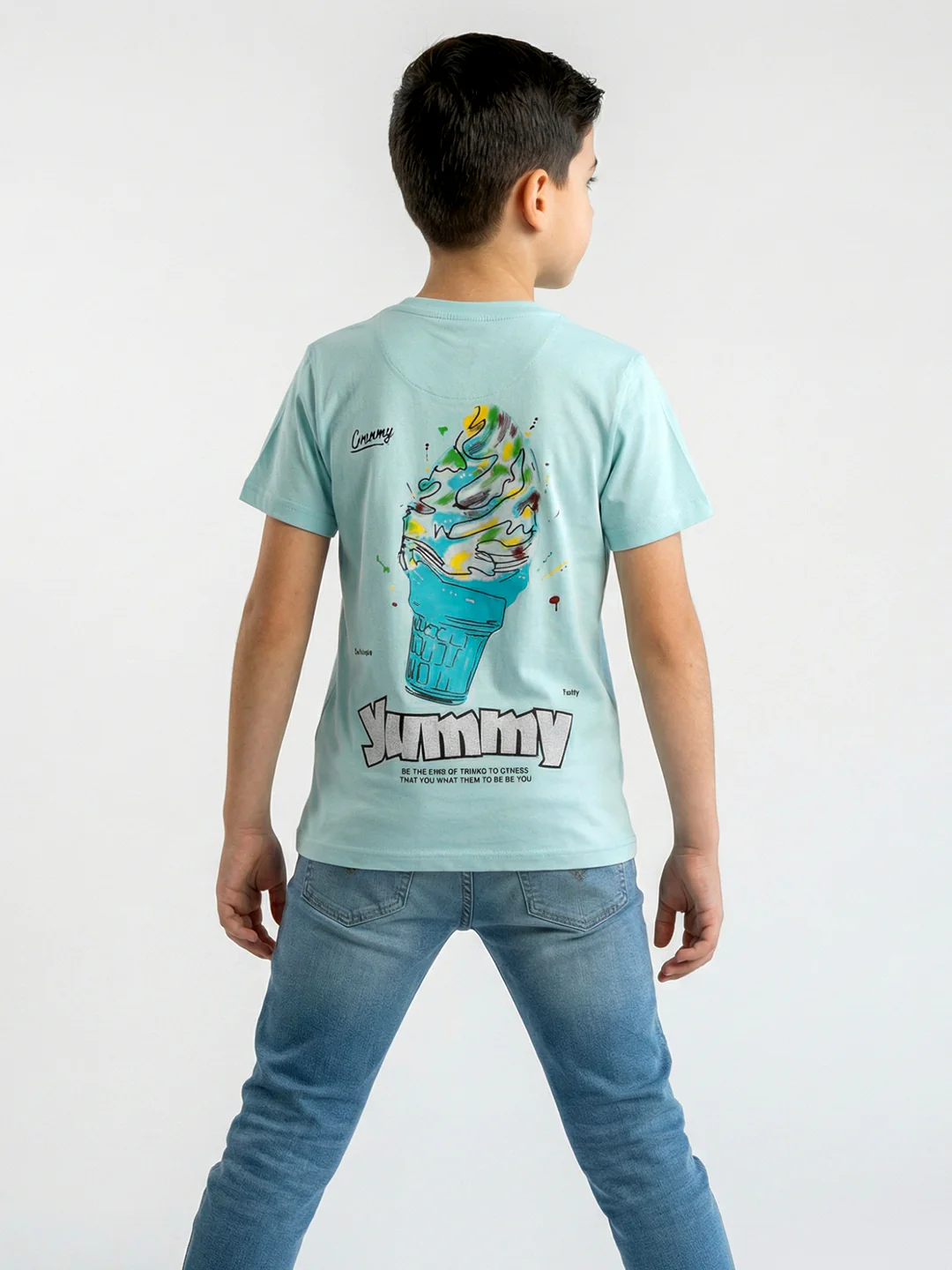 Boys Green Printed Round Neck Half Sleeve T-Shirt - Image 4
