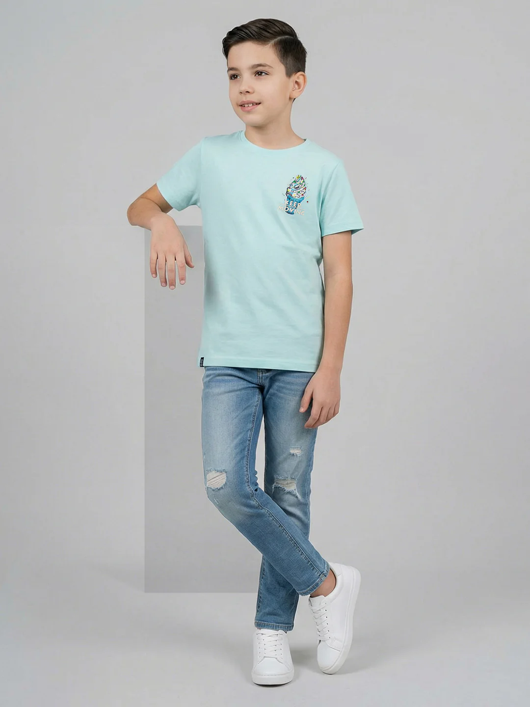 Boys Green Printed Round Neck Half Sleeve T-Shirt - Image 5
