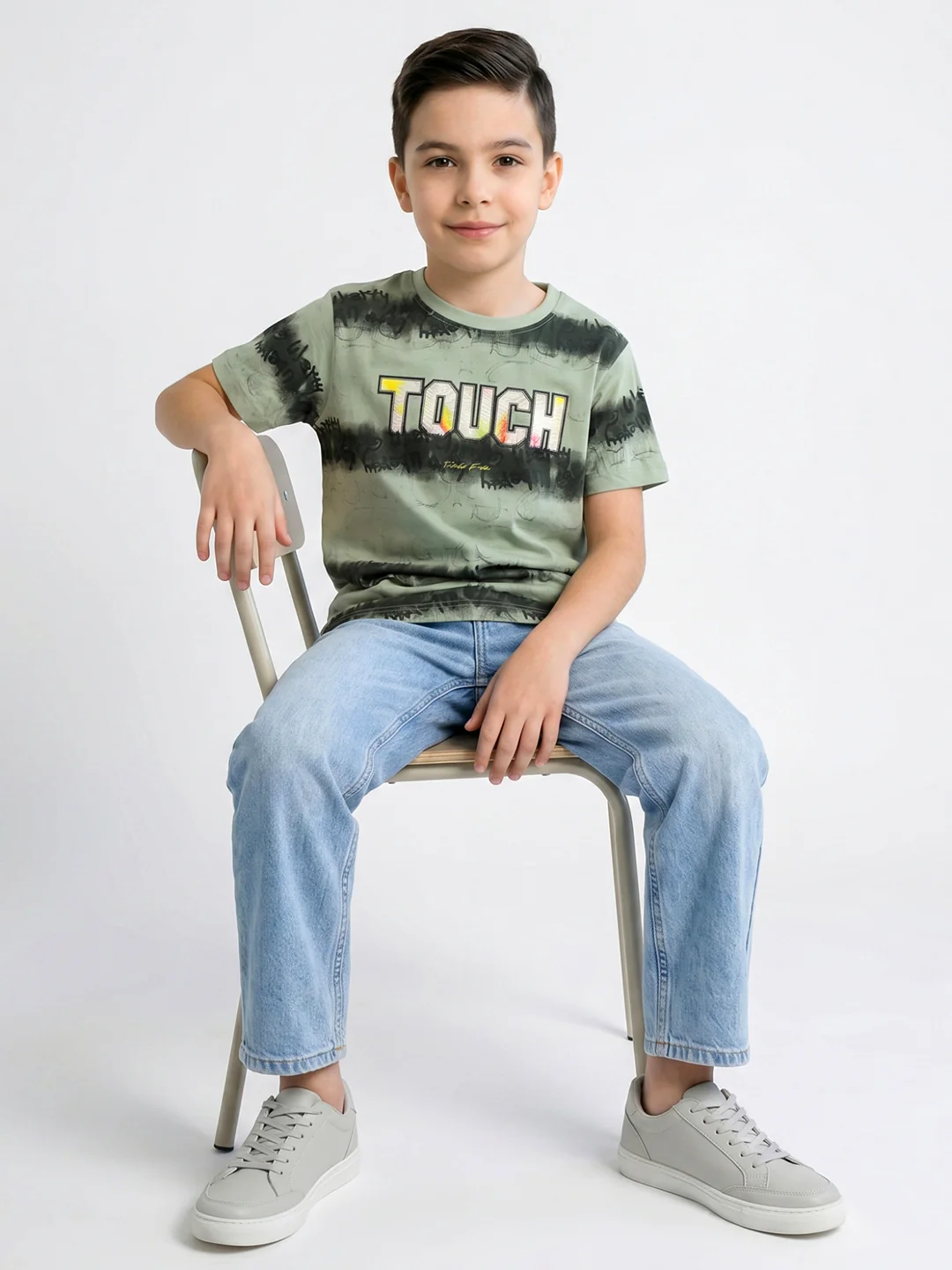 Boys Green Printed Round Neck Half Sleeve T-Shirt - Image 5