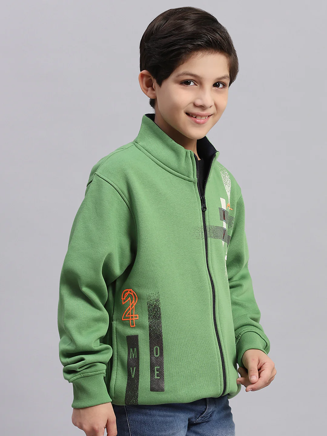 Boys Green Printed Stand Collar Full Sleeve Sweatshirt - Image 4